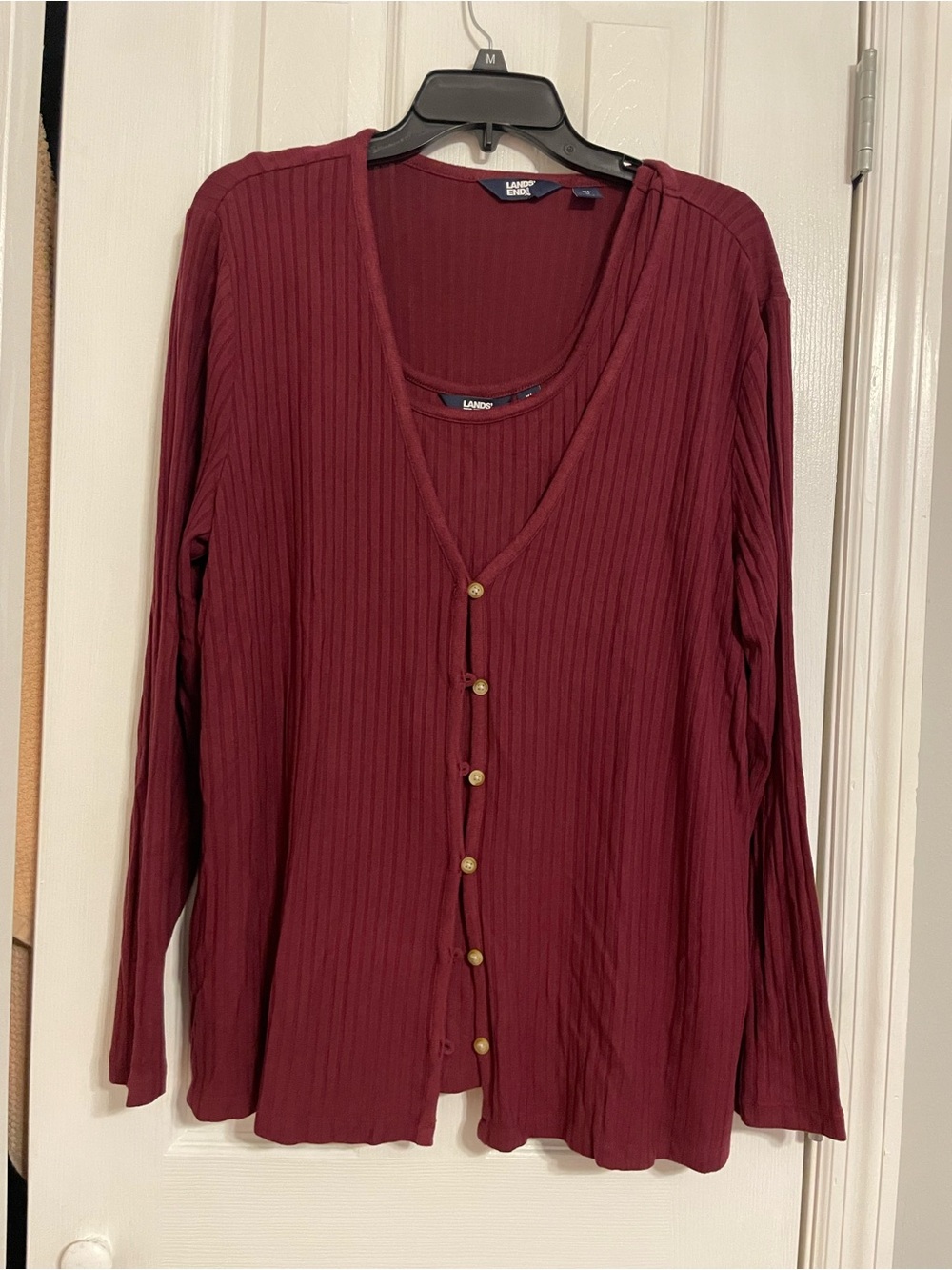 Lands' End Ribbed Wine-Red Long Sleeve cardigan set with matching tank top